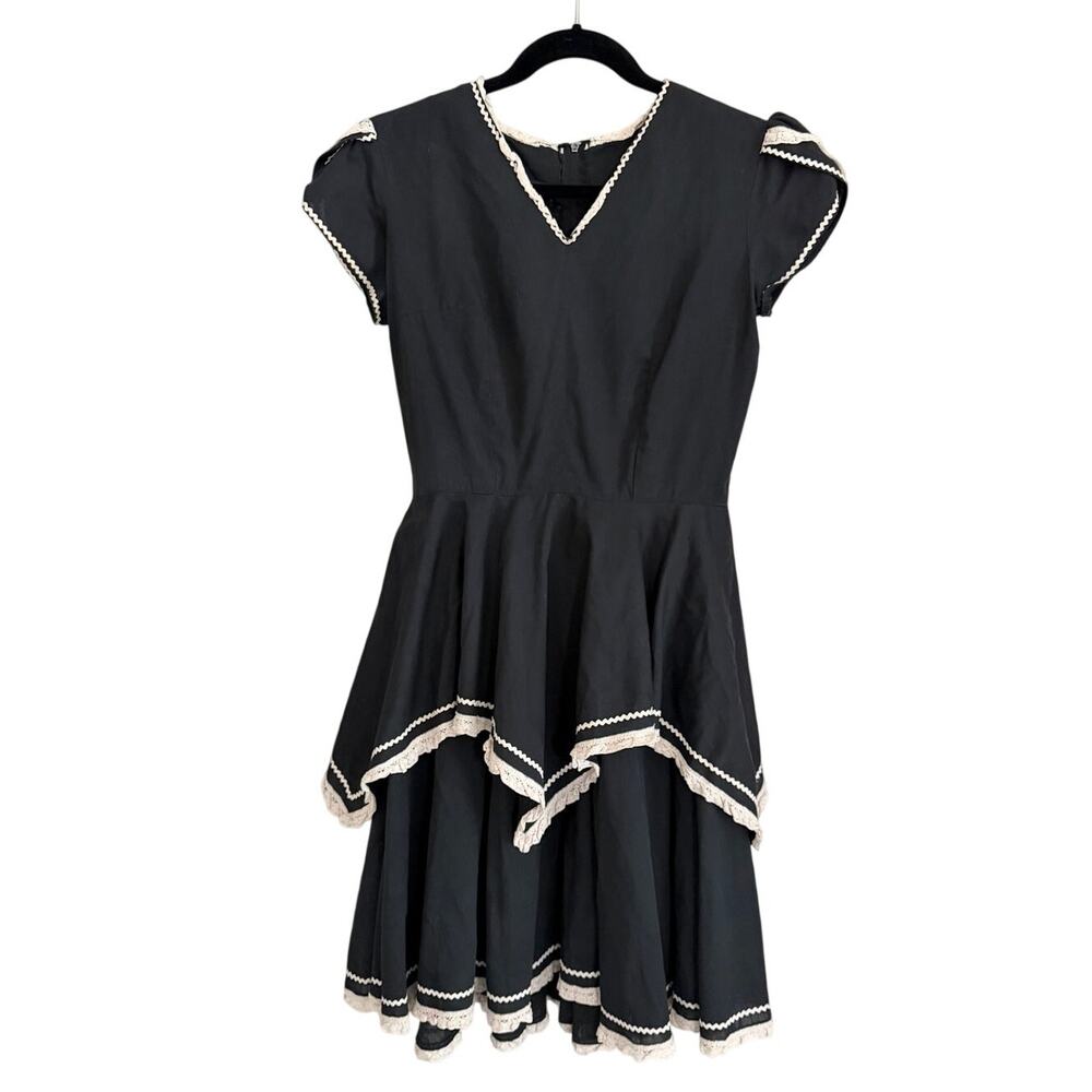 Vintage Kate Schorer Originals Square Dance Tiered Dress S Black Lace Coquette